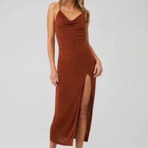She is Us Slinky Cowl Neck Strappy Slip Midi Dress Slit in Rust Orange Brown 6/M